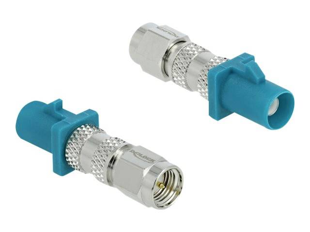 Two coaxial plugs with blue plastic casings and silver metal threads. They are designed for use in high-frequency applications.