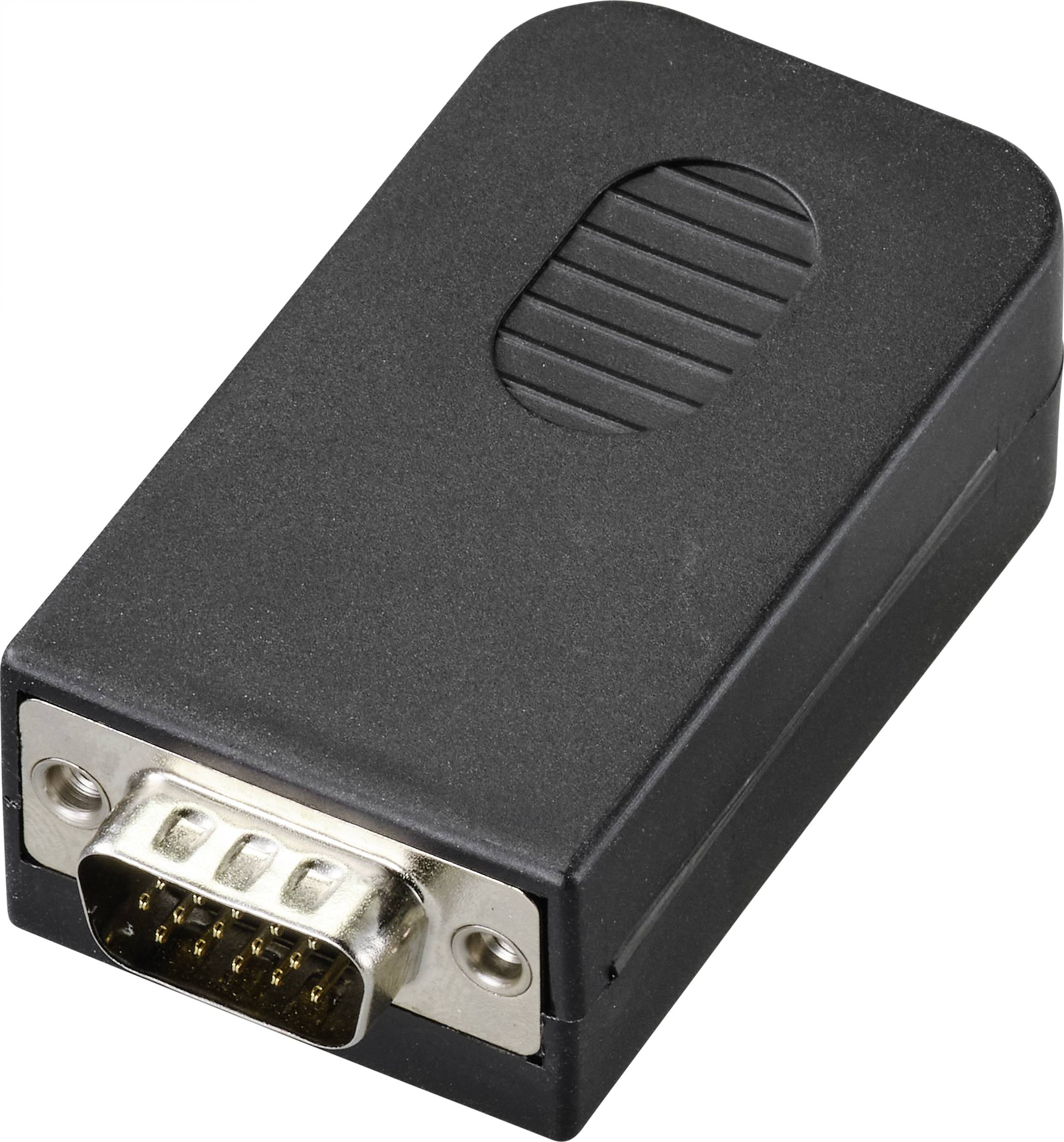 A VGA adapter with a black casing and metal connector, used for connecting VGA cables to a display device.