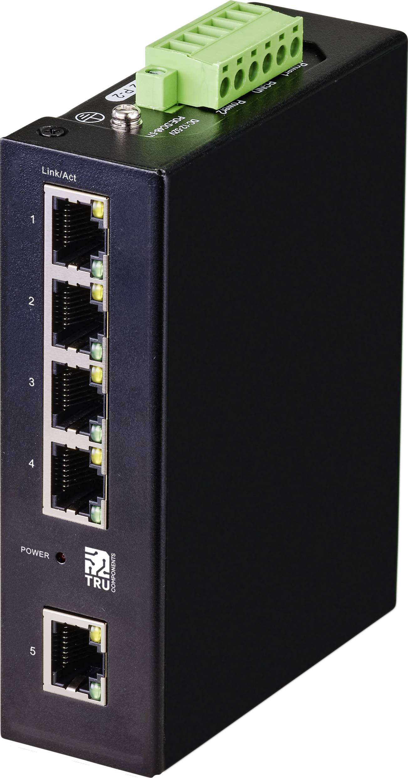 A black network switch with five Ethernet ports, each featuring LED indicators. A green power connector on the top. Suitable for industrial applications.