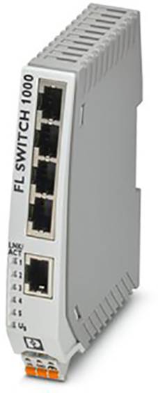 A grey Ethernet switch with five ports for network connections. On one side it reads 'FL SWITCH 1000'.