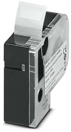 Black and transparent print cartridge with a paper strip, visible through a window on the top surface.
