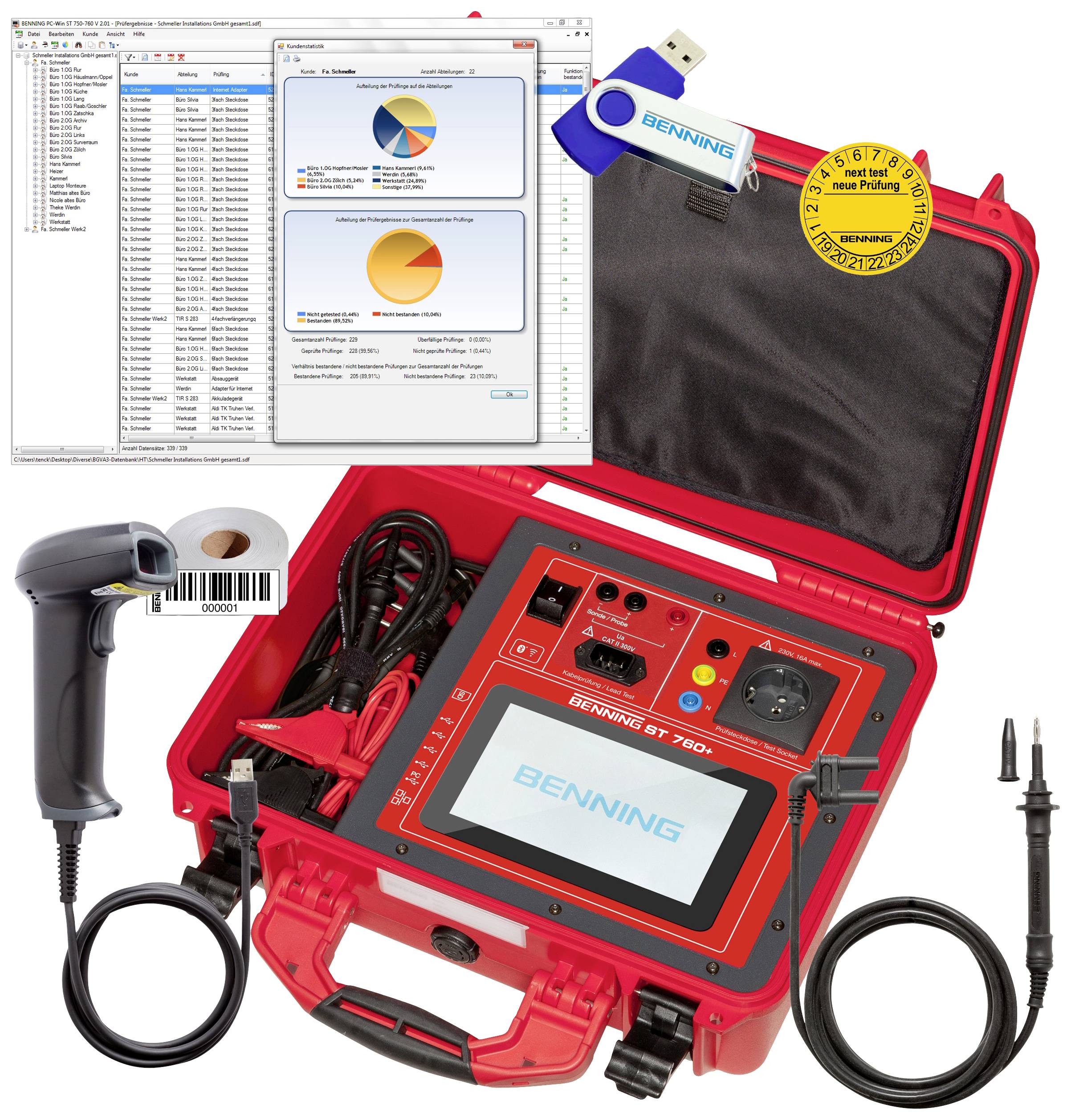 Red testing device in a case with display, USB stick, barcode scanner, and cables for device testing. Open software showing test results.