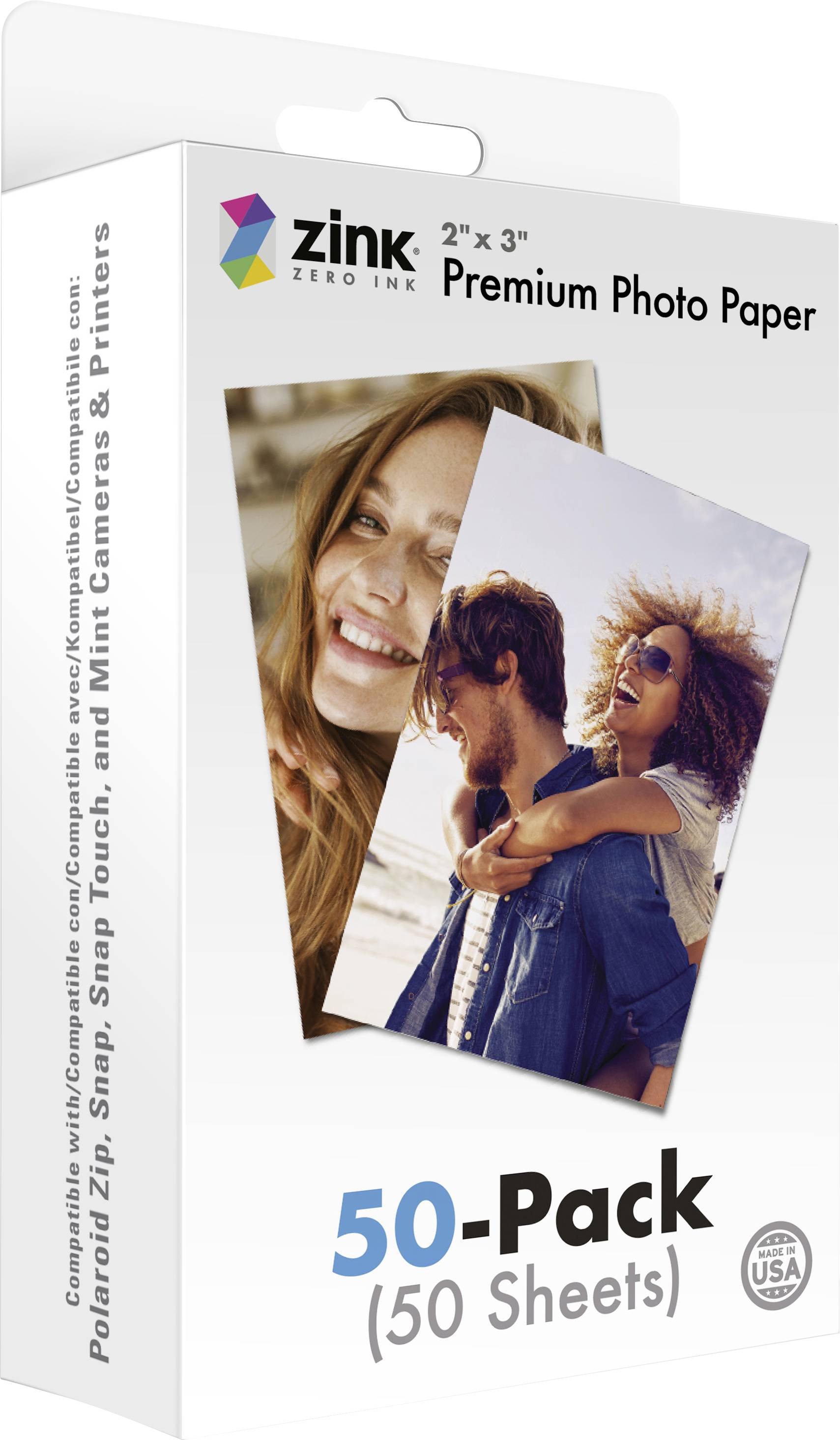 Packaging of Zinc Premium Photo Paper 2x3 inches, 50 sheets. Two photos on the packaging show cheerful people.