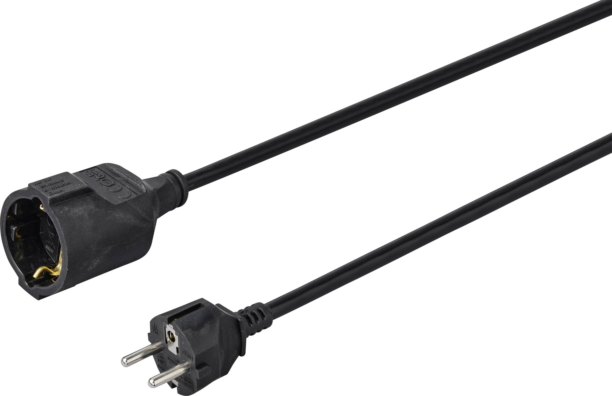 A black power extension cord with a male plug on one end and a female socket on the other end, used for extending electrical connections.