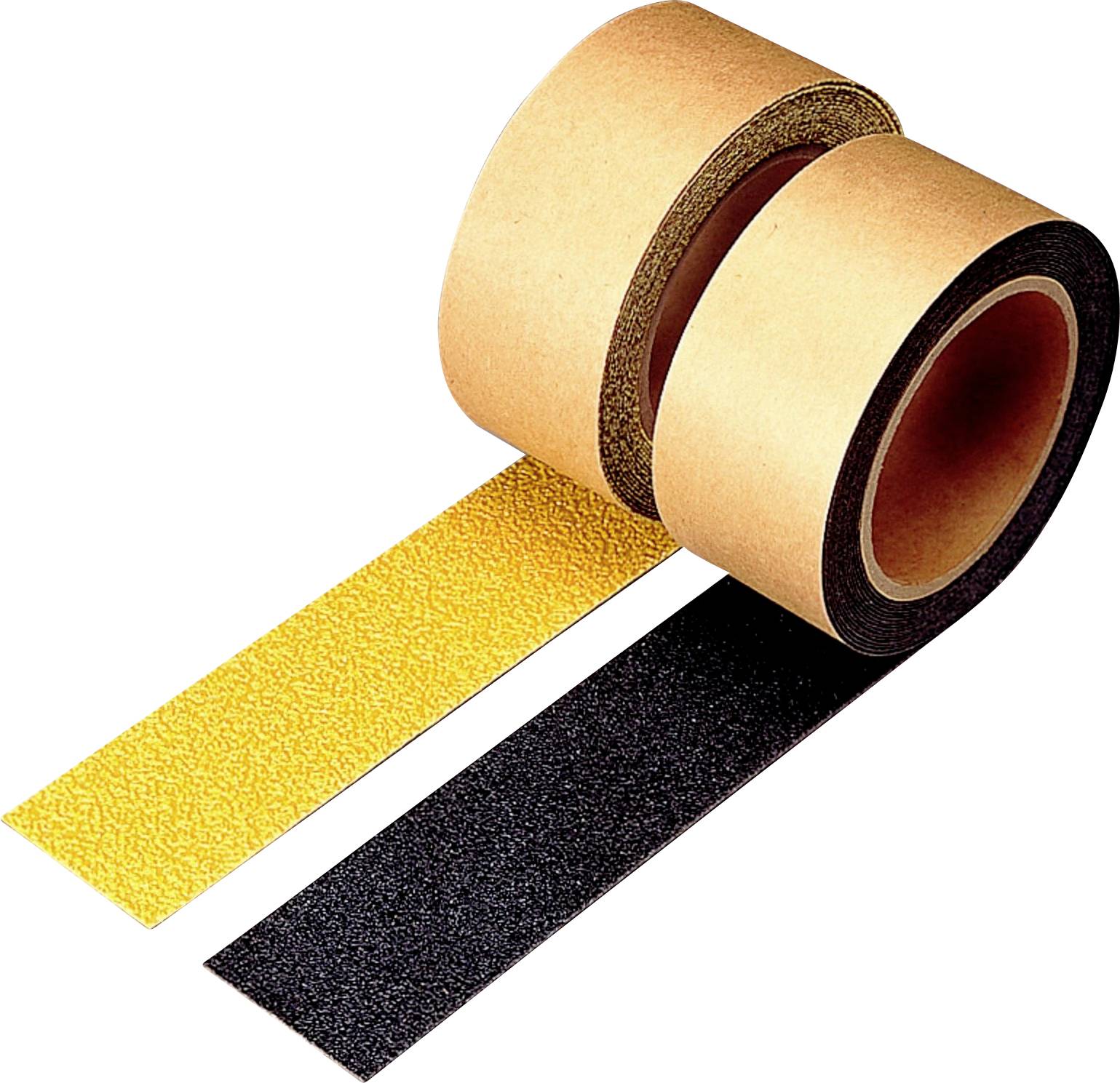 Two rolls of non-slip tape, one yellow and one black, partially unrolled. They are used to improve traction and grip.