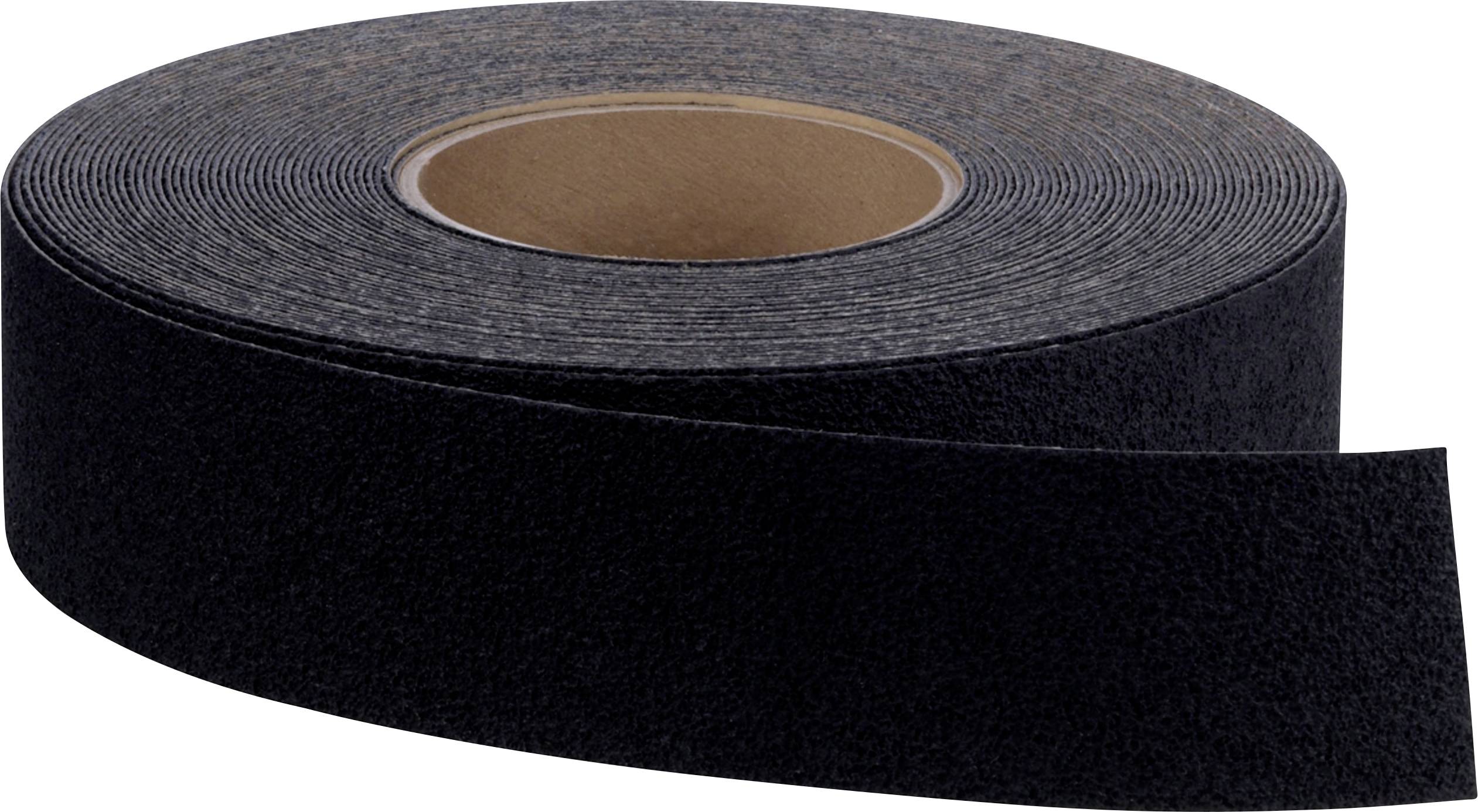 A roll of black adhesive tape on a white background.