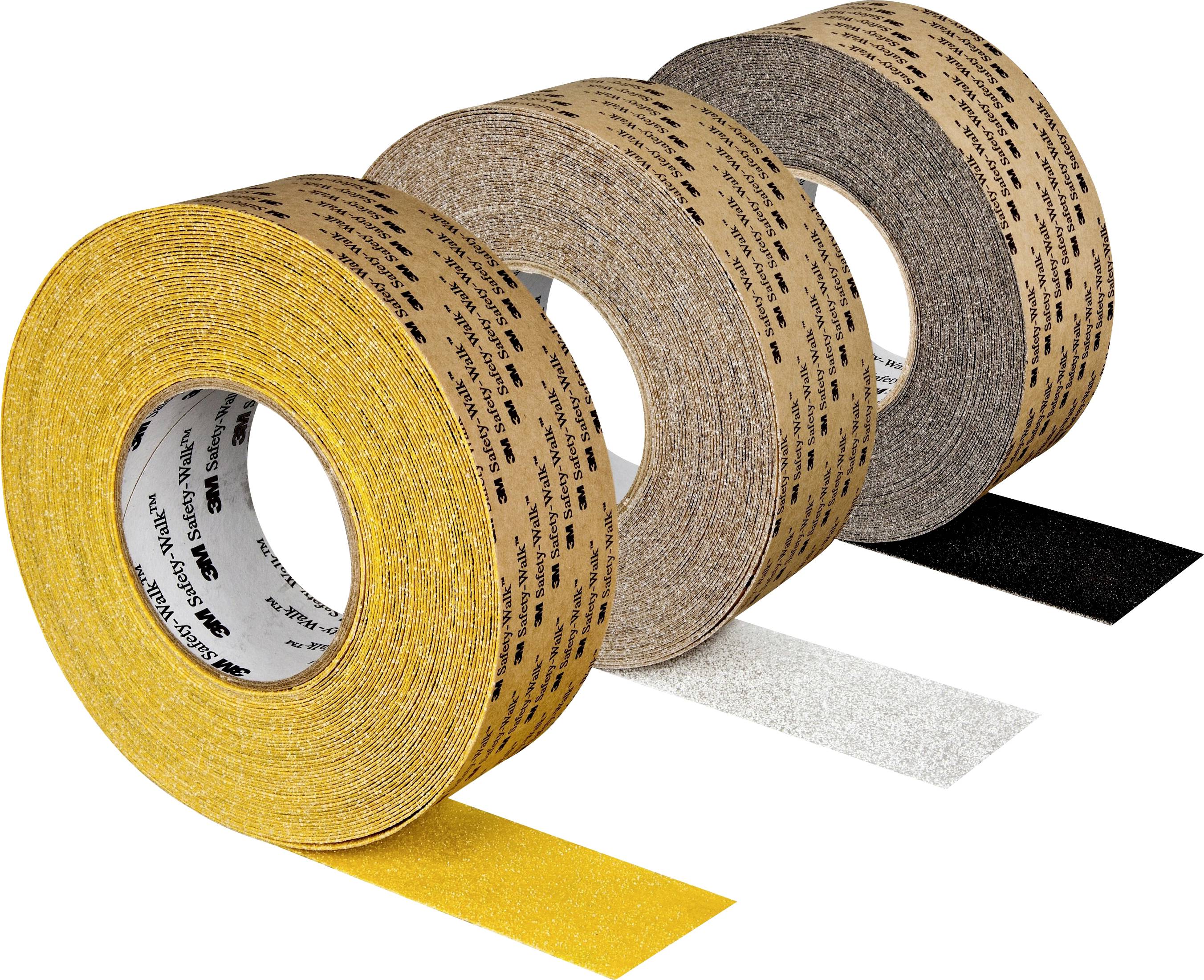 Three rolls of non-slip adhesive tape in Yellow, Grey, and Black on a white background. A strip is unrolled from each roll.