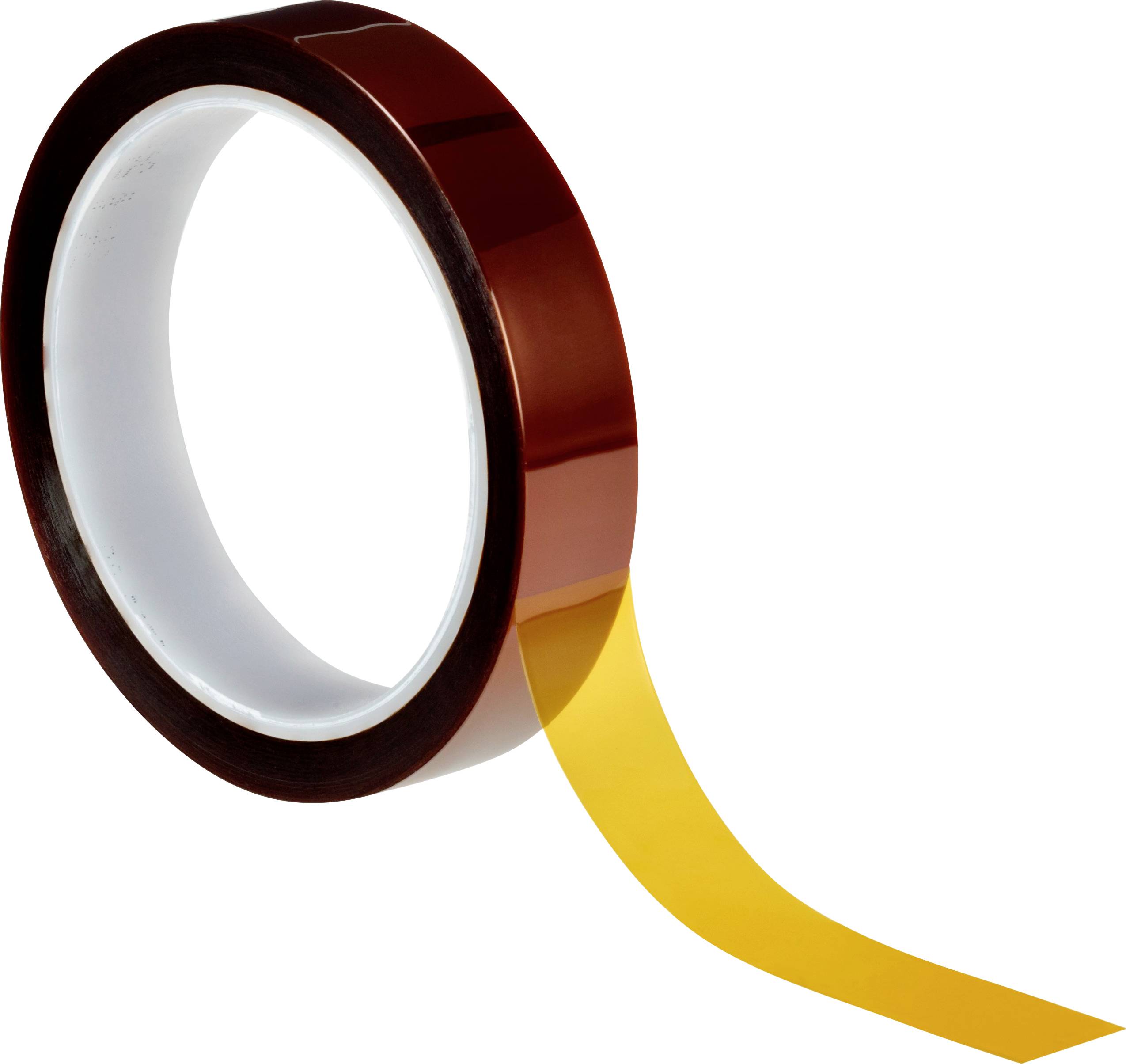 Brown sticky tape on a roll, just unrolled, with a yellow strip visible, suitable for packaging or sealing purposes.