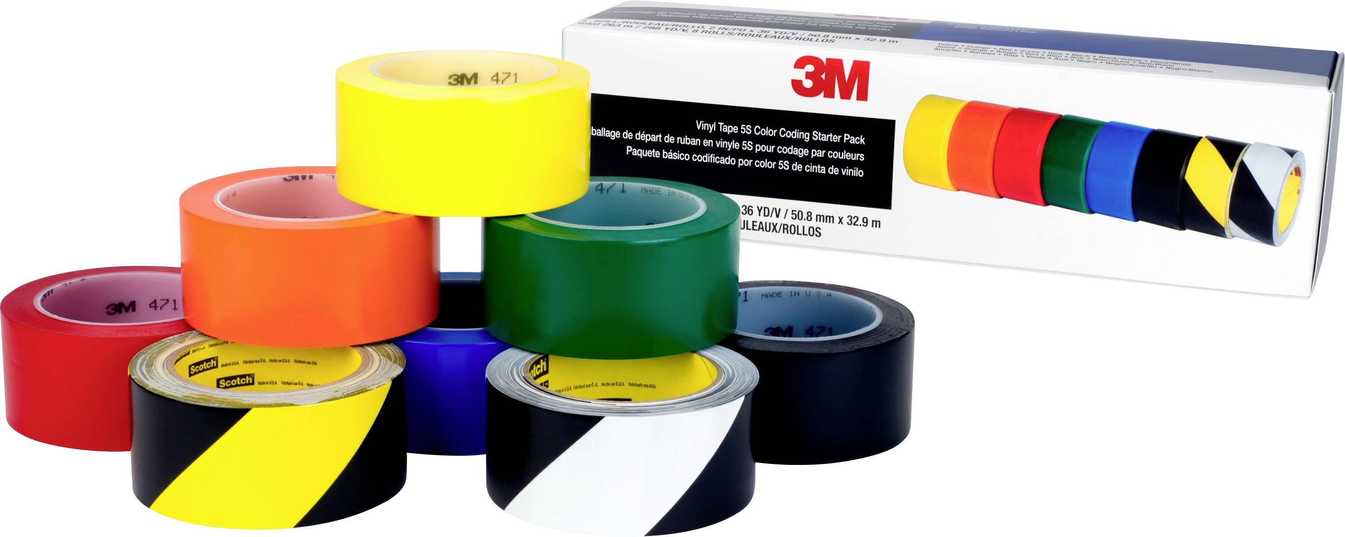 A selection of colourful adhesive tapes in various colours (yellow, orange, green, blue, red, black and yellow striped) next to packaging.