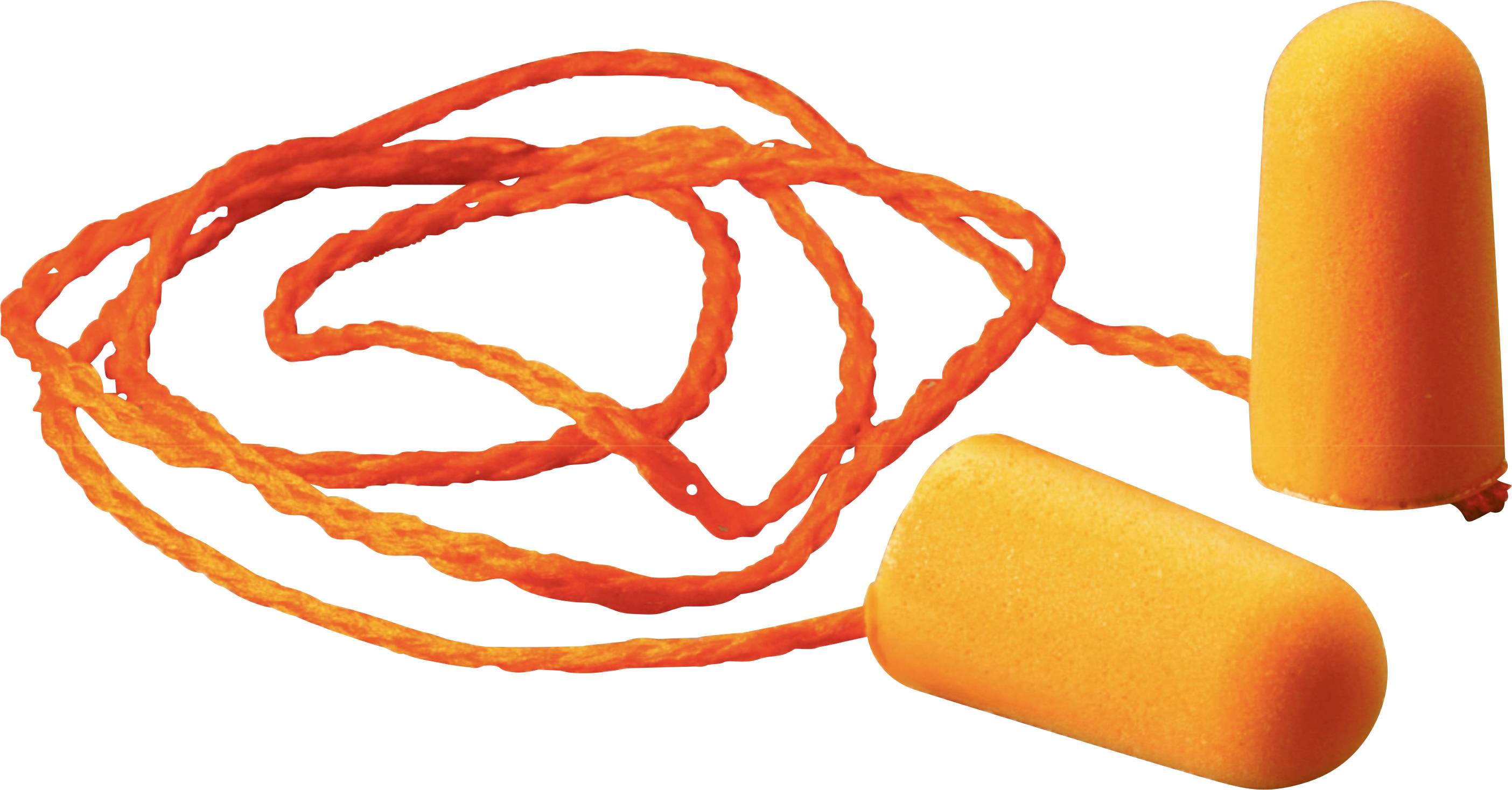 Orange ear plugs with connecting cord, used for noise protection. Ideal for workplaces, loud events, or travelling.