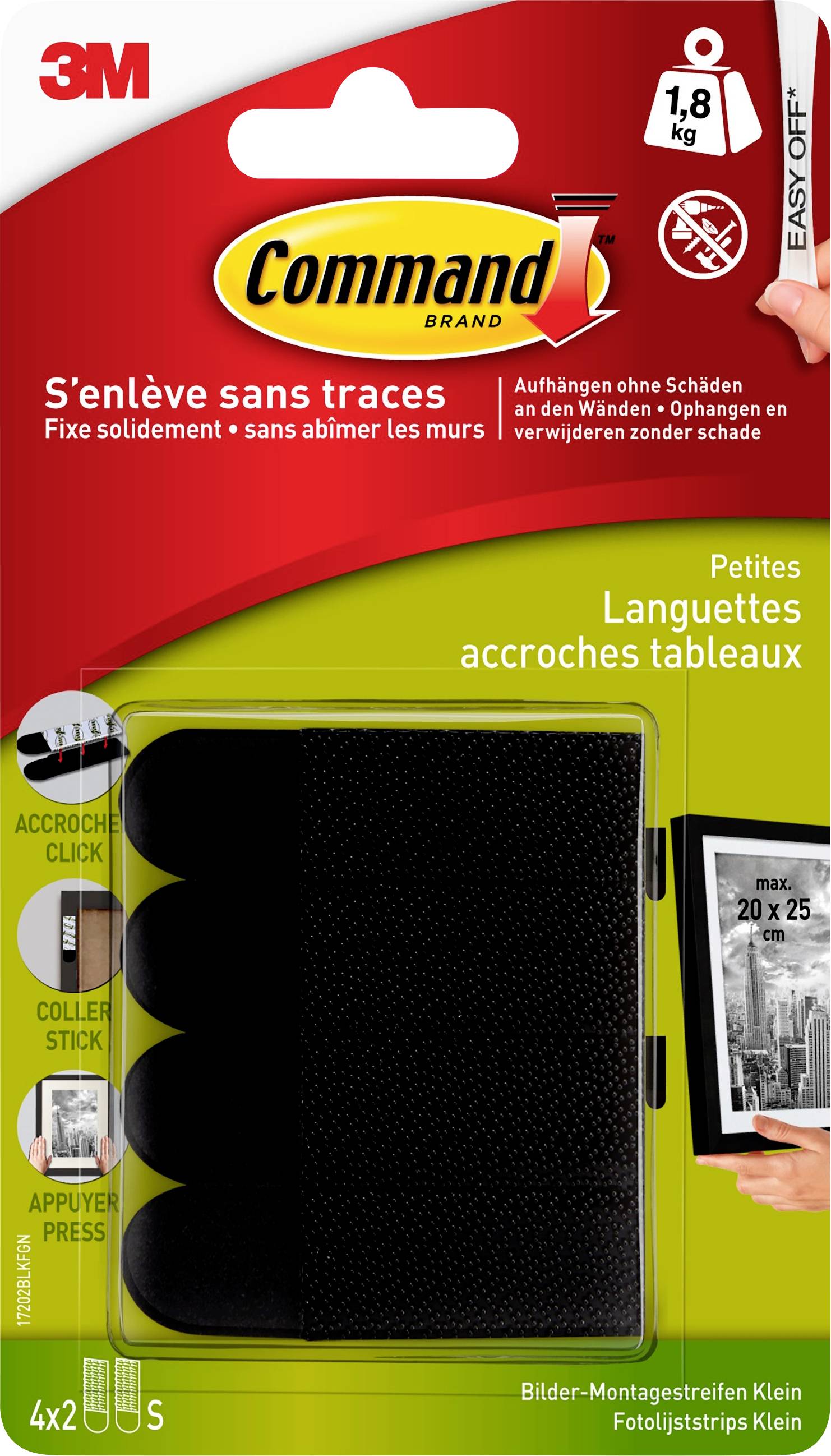 '3M Command Brand' pack of four black picture hanging strips, suitable for pictures up to 1.8 kg. Can be mounted without damaging walls.