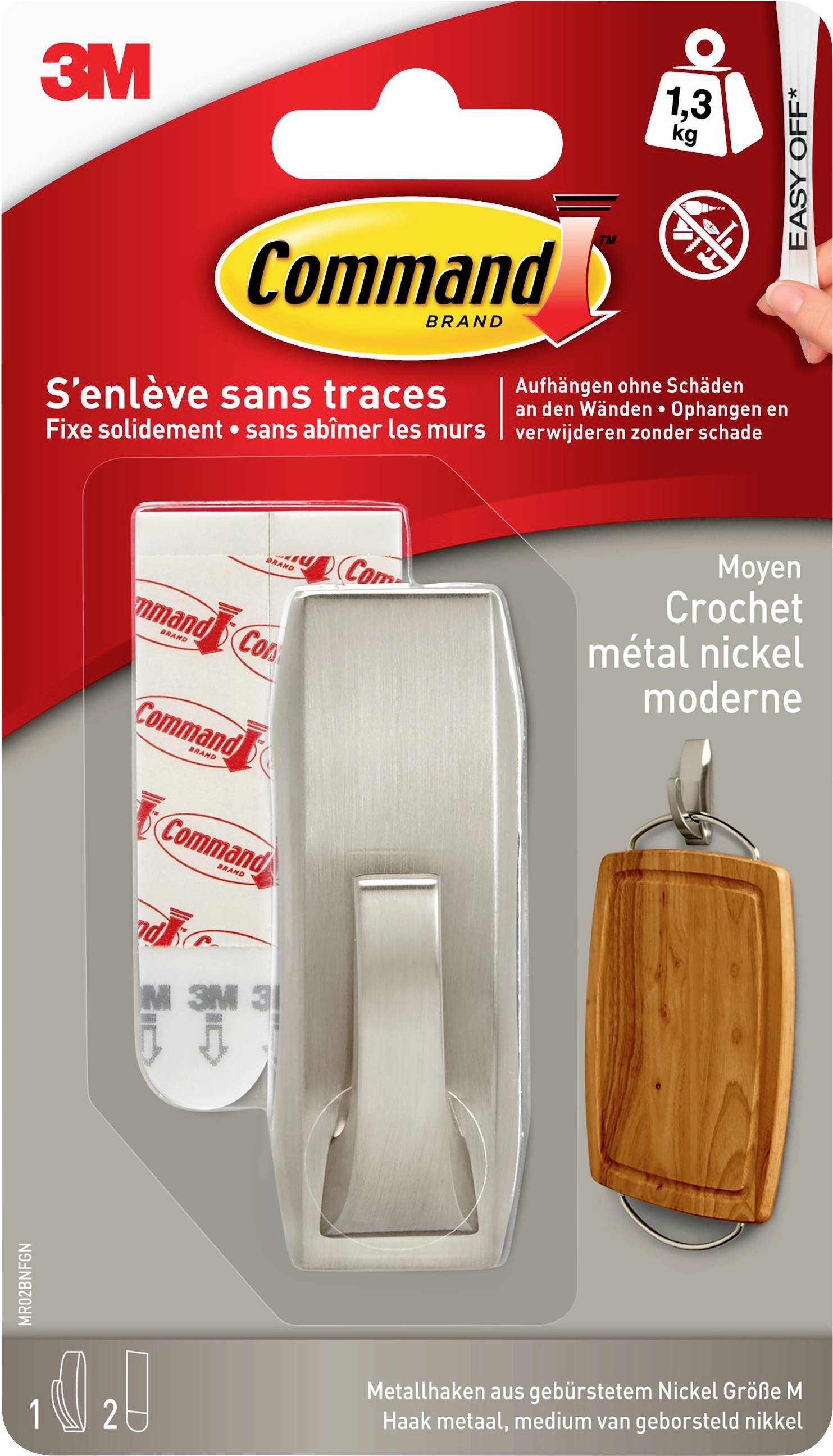 Packaging for a Command Metal Hook with removable adhesive strip, suitable for 1.3 kg. Hook features a modern design, appropriate for walls.