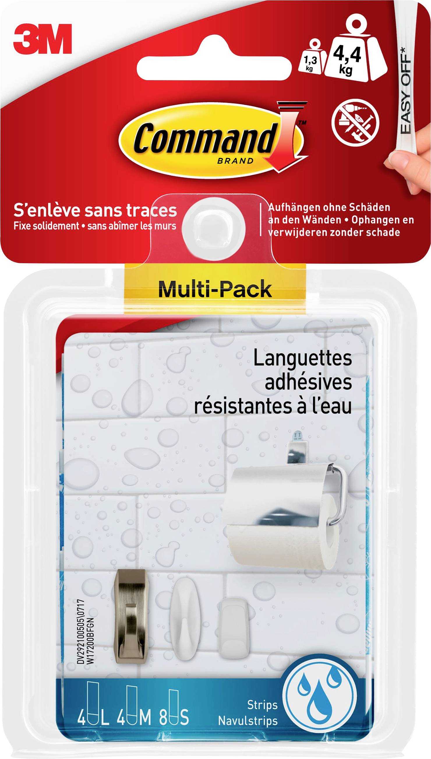 Packaging for Command Brand Adhesive Strips, Multi-Pack. Holds up to 4.4 kg. Water-resistant, residue-free removable strips.