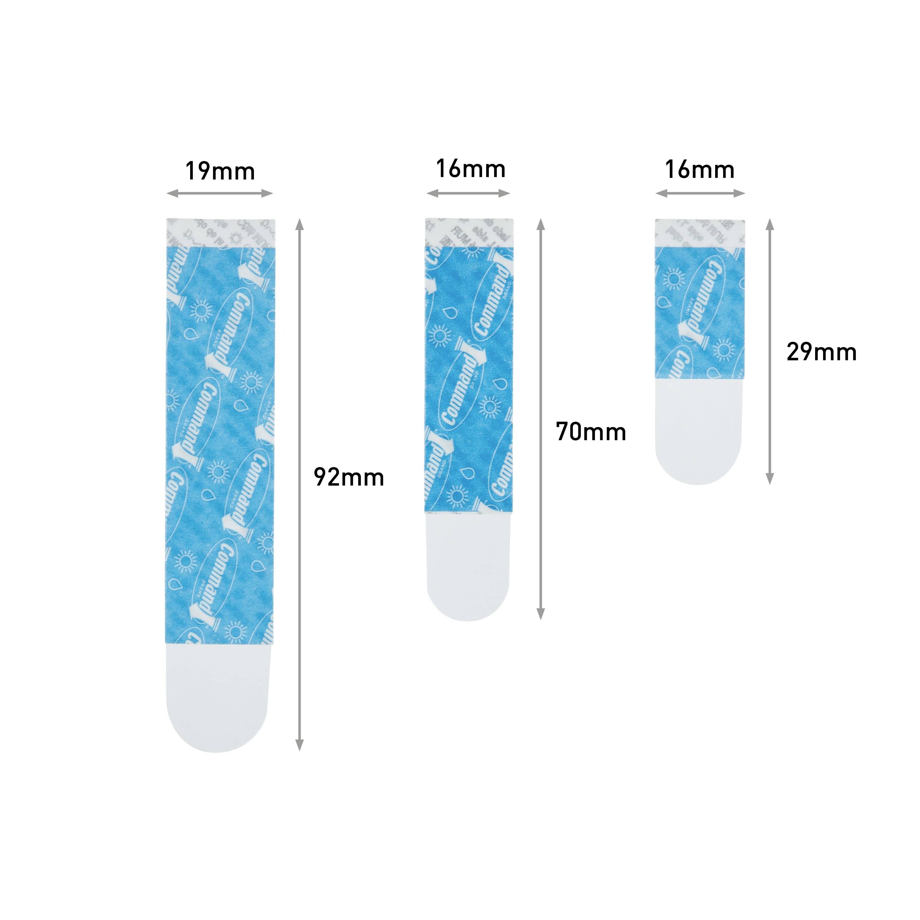 Three different sizes of blue plasters: 92mm x 19mm, 70mm x 16mm, 29mm x 16mm. All with white border.