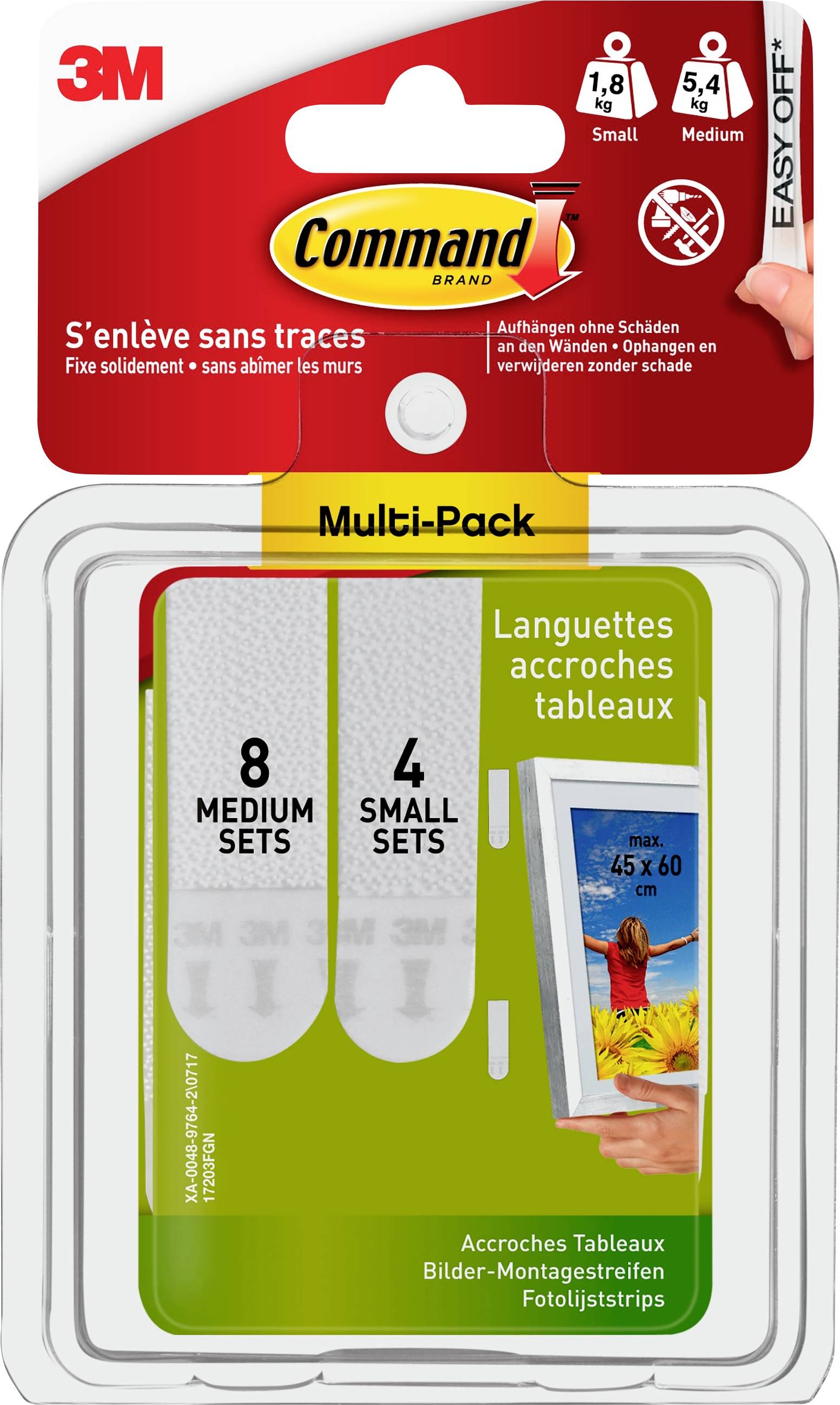'Command' Multi-Pack with 8 medium and 4 small self-adhesive picture hanging strips. Ideal for secure mounting.