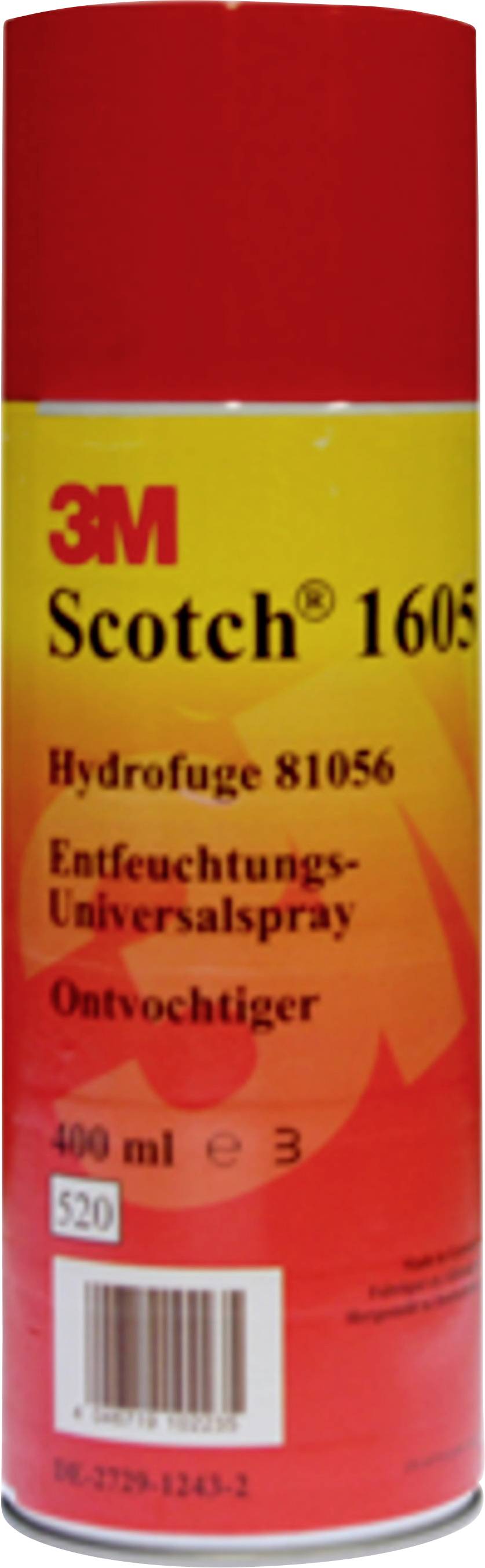 Red spray can with the inscription '3M Scotch 1605', 'Hydrofuge 81056', 'Dehumidifying Universal Spray' and '400 ml'.