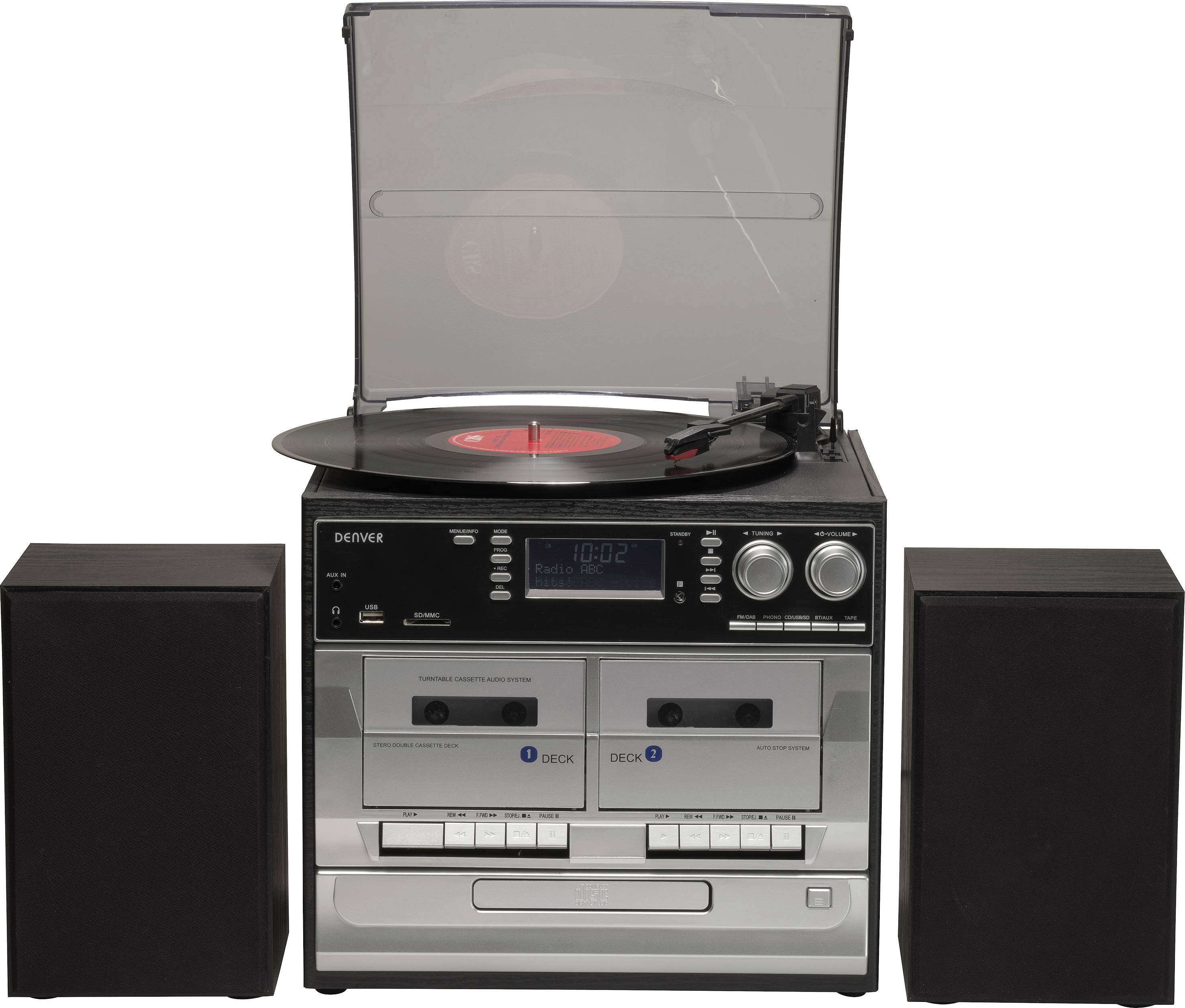 Compact stereo system with record player, cassette decks and speakers; demonstrates the connection between analogue and digital technology.