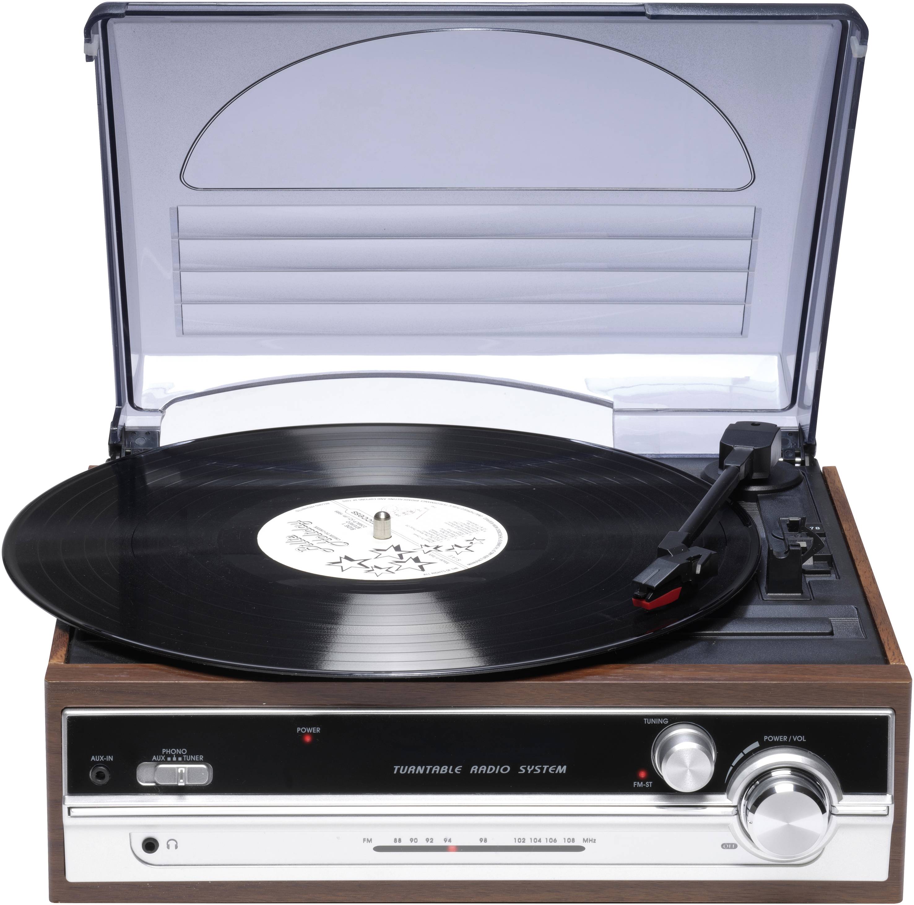 A record player in a retro style with a vinyl record placed on the turntable, with the dust cover open. Controls and indicators are located on the left side.