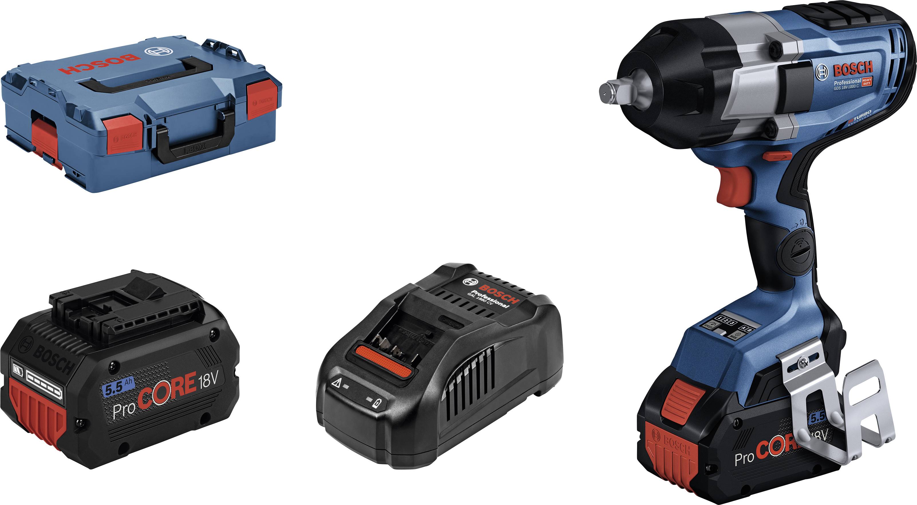 Impact Wrench Set comprising a blue impact wrench, battery charger, battery, and a blue tool case.