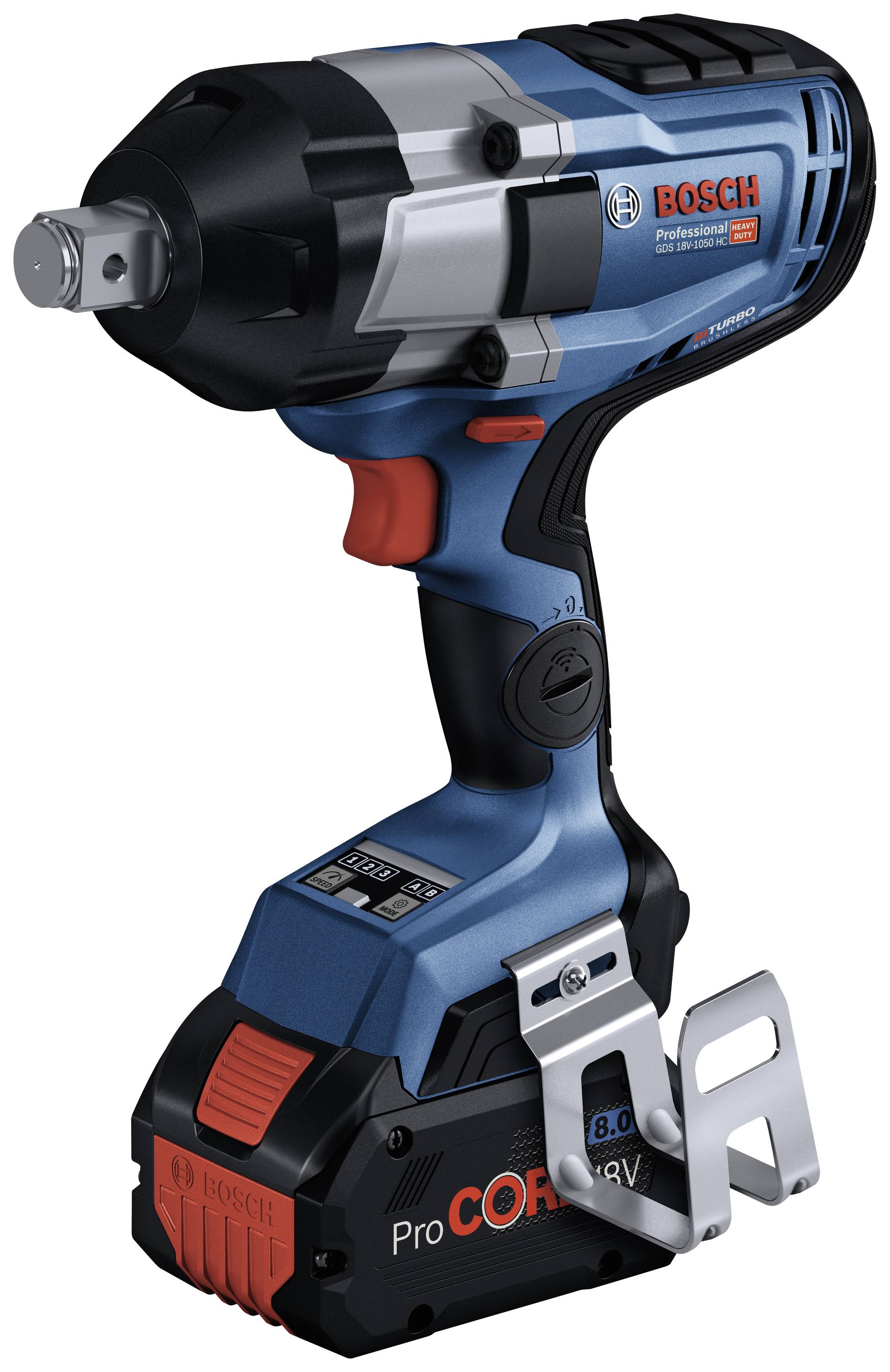 Cordless drill with blue and black casing, Bosch brand, lies on a table. The tool is battery-powered.