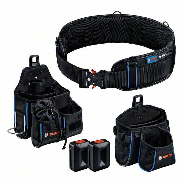 Tool bag set with belt and two batteries. Contains multiple pockets for tool storage. Brand 'Bosch'. Ideal for tradespeople.