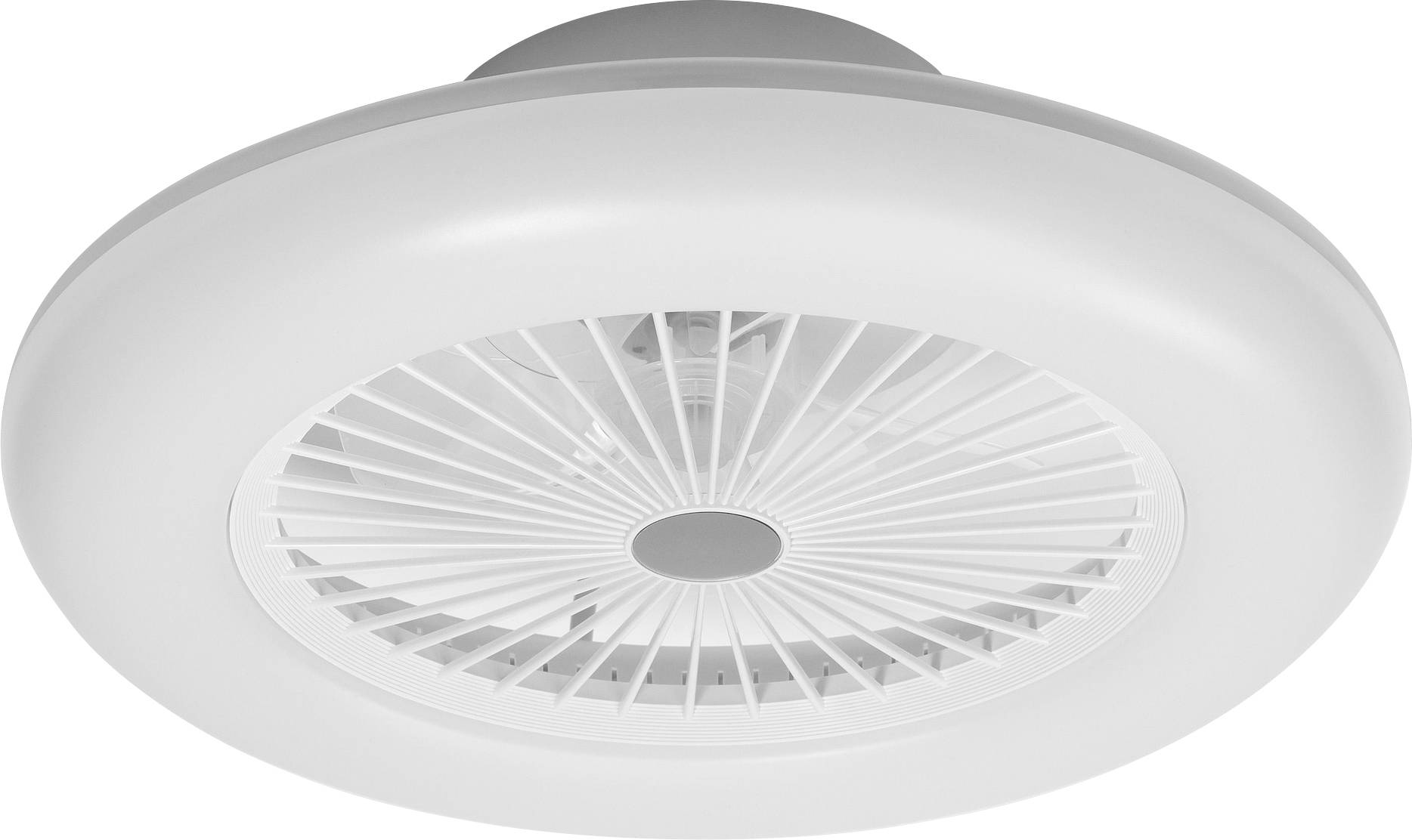 Round, white ceiling fan housing with integrated fan grille, suitable for modern room air circulation.