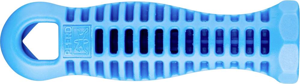 Blue plastic tool with slots and an opening at one end, used for sharpening and removing loop chains.