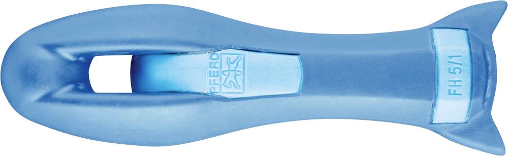 Blue, handheld tool with an oval opening and handle. Inscription 'FH 5/1', 'Pferd' readable on the middle section.