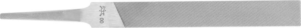 Metal file with a trapezoidal blade and finely ridged surface, suitable for filing metal surfaces, with handle attachment on the left.