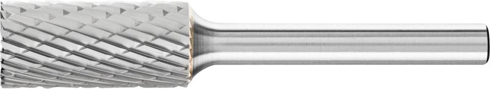 A cylindrical metal milling cutter with a cross-cut, fluted head and smooth shank, suitable for material machining.