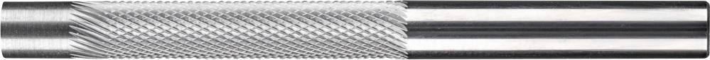 A cylindrical metal component with a knurled, non-slip surface on the left and a smooth, glossy surface on the right.