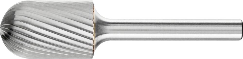 Metal end mill with a cylindrical shank and a ball-nosed, fluted cutting edge, suitable for machining hard materials.