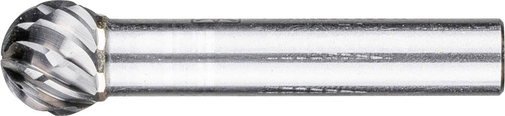 Metal milling cutter with a spherical head and grooved surface, used for material processing.