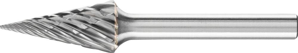 A metallic milling cutter with a conical tip and helical grooves. Suitable for precise milling and material removal.