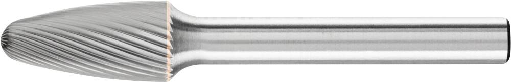 Metal cutting tool with a cylindrical shaft and a conical cutting head, featuring fine spiral grooves for precise drilling or grinding.