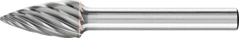 A conical tungsten carbide milling cutter with helical flutes, used for machining metals or plastics.