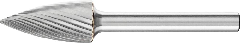 A conical metal milling pin with a spiral fluted design, used for grinding or cutting work in metalworking.