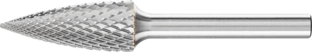 A tungsten carbide burr with a conical head and cross-arranged cutting teeth, suitable for precise drilling and grinding.