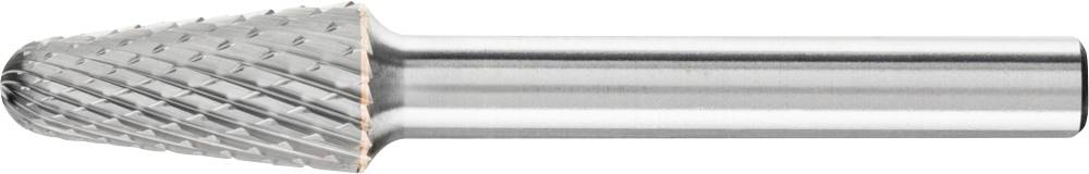 Silver grinding head with a pointed, fluted tip. Primarily used for precise grinding and milling of materials.