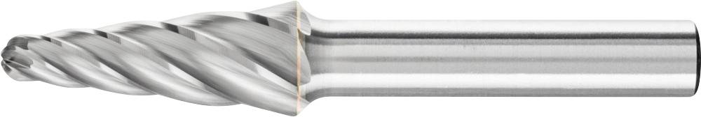 A cylindrical milling cutter with spiral flutes, made of metal, for machining materials such as wood or metal.