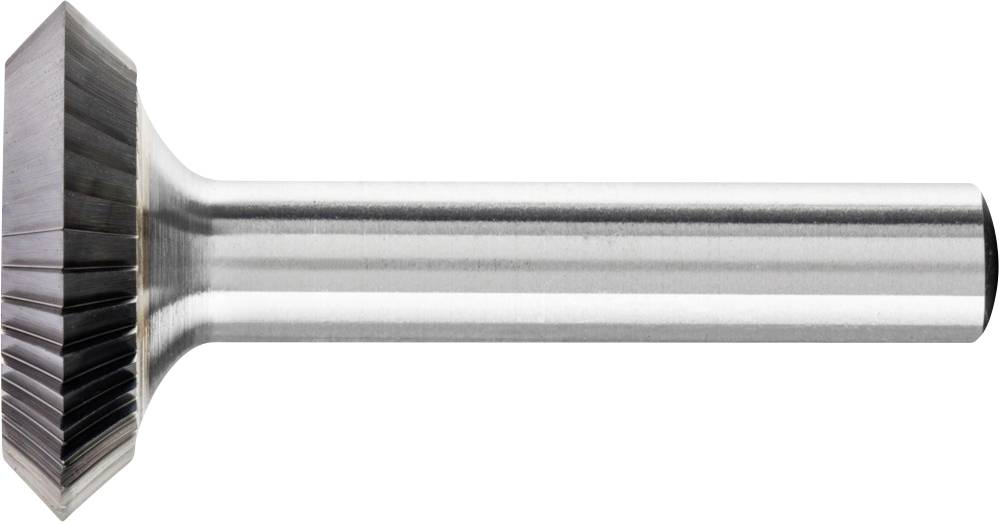 A metal countersink with a cylindrical shaft and conical tip, used for chamfering drill holes.