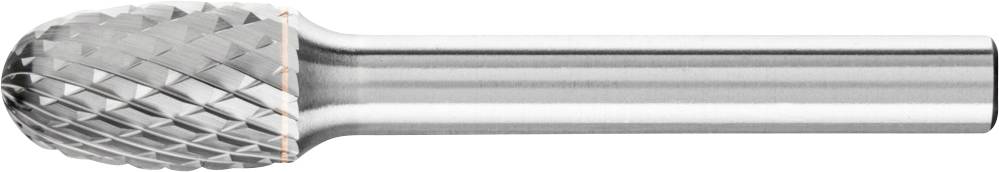 A milling cutter with a cylindrical shaft and spherical head, characterised by a cross-hatched cutting pattern made of metal.