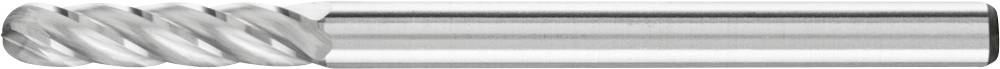 Cylindrical metal tool with a spiral cutting edge, most likely a milling cutter. Primarily used for metal machining in mechanical engineering.