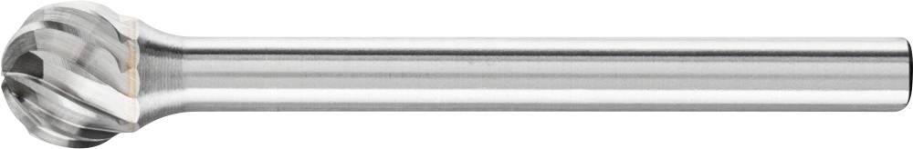 A metal milling cutter with a spherical head and smooth, cylindrical shaft. It is used for machining materials.