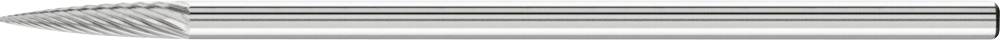 A silver, metallic drill bit with sharp edges and spiral grooves, depicted horizontally.