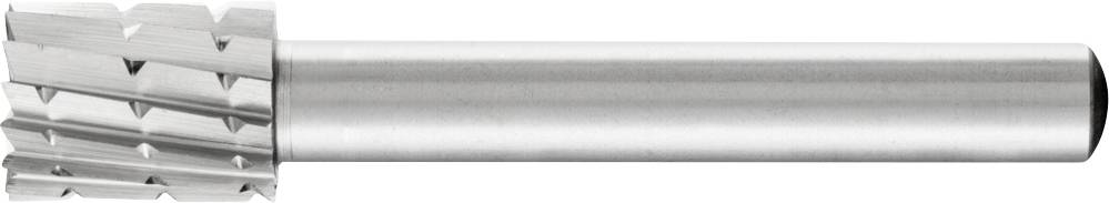 Silver milling cutter with a cylindrical shaft and sharp cutting teeth for metalworking.