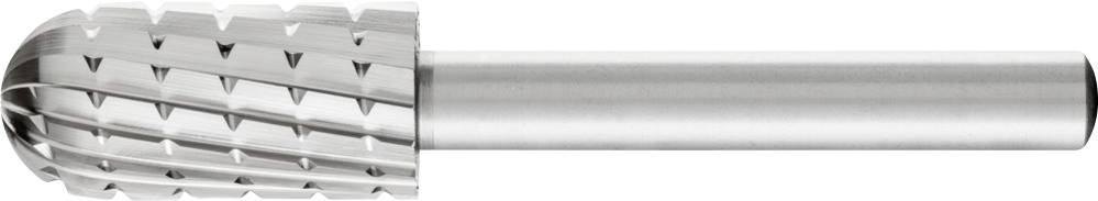 Silver milling cutter with a cylindrical shank and round cutting head. Used for machining materials such as metal or wood.