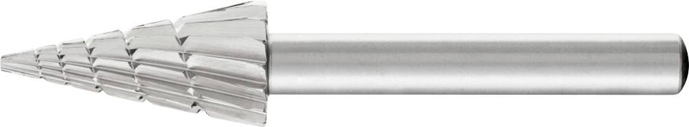 A metal stepped drill bit with a conical design and multiple stages. Suitable for drilling holes of various diameters.