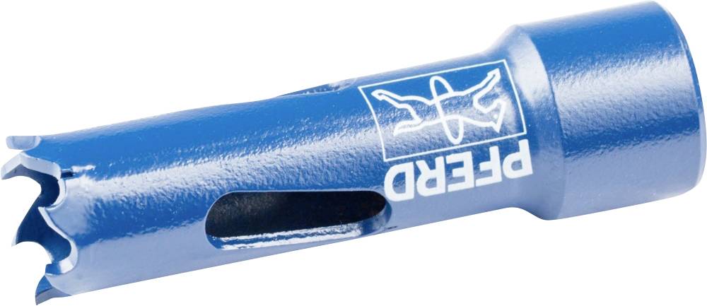 A blue hole saw attachment with serrated cutting teeth, suitable for drilling holes in various materials.