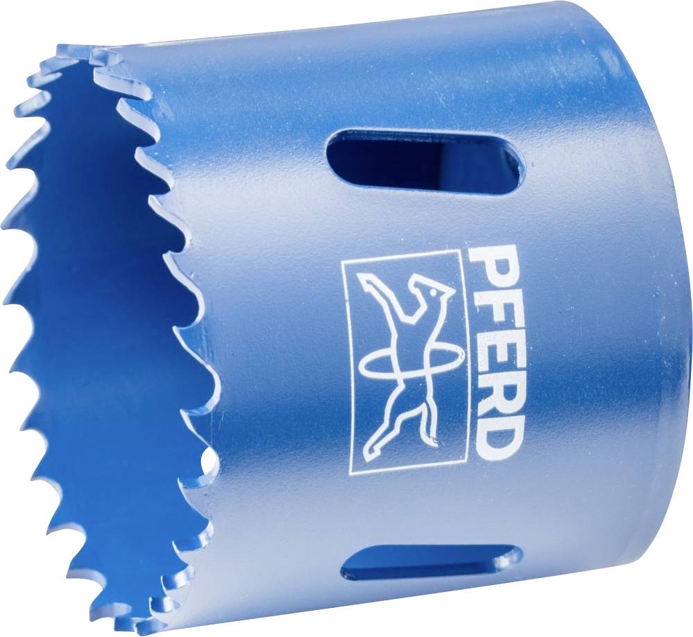 Blue hole saw attachment with sharp teeth, suitable for precise drilling in metals. 'PFERD' marking and stylised horse figure on the surface.